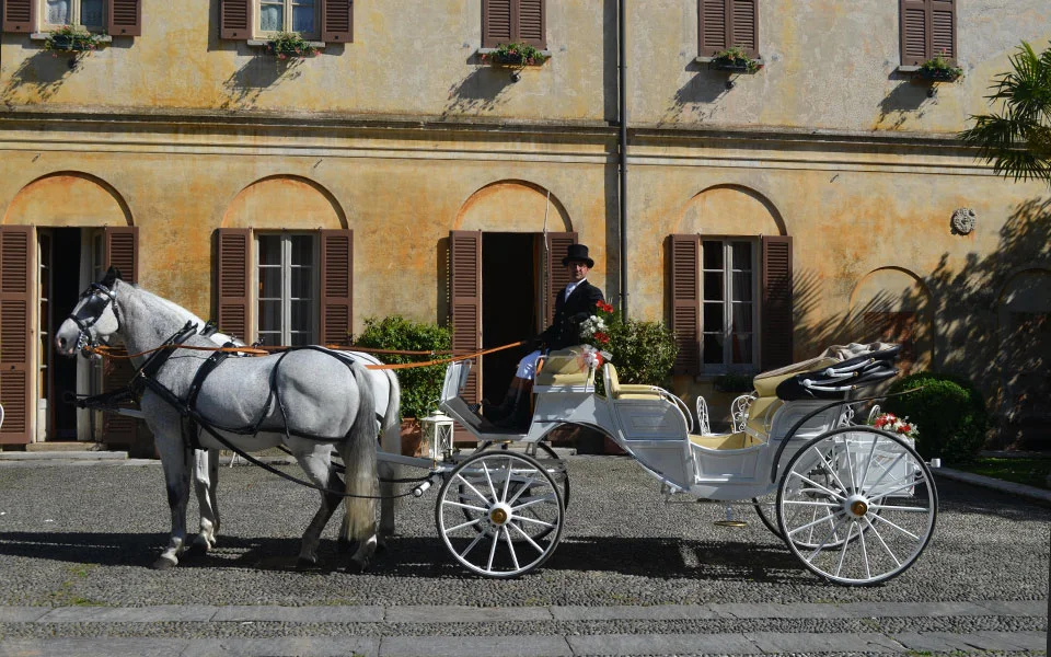 A horse-drawn carriage in front of Villa Valentina